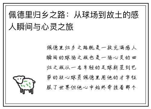 佩德里归乡之路：从球场到故土的感人瞬间与心灵之旅